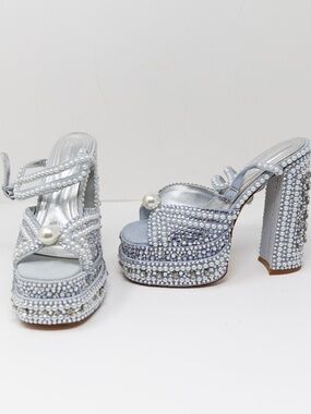 NEW Azalea Wang Something Blue Pearl Crystal Jewel Embellished Platform Heels 7